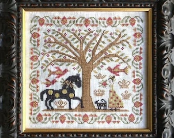 Counted Cross Stitch Pattern, A Visit from Spot, Horse, Crowns, Bird Motifs, Ornament, Tree, Cat, Folk Art, Kathy Barrick, PATTERN ONLY