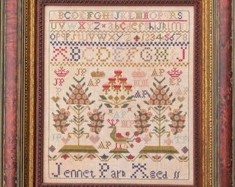 Counted Cross Stitch Pattern, Jennet Parr, Alphabet Sampler, Crown Motifs, Reproduction Sampler, Flower Motifs, Lila's Studio, PATTERN ONLY