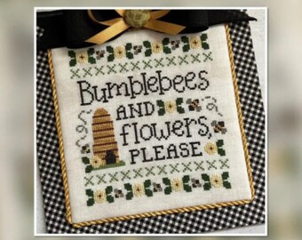 Counted Cross Stitch Pattern, Bumblebees and Flowers, Please, Bee Skep, Bees, Bowl Filler, Spring Decor, Cherry Hill Stitchery, PATTERN ONLY