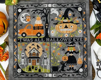 Counted Cross Stitch Pattern, 'Twas All Hallows' Eve Series, Halloween Decor, Black Cat, Owl, Spooky, Bats, Tiny Modernist, PATTERN ONLY