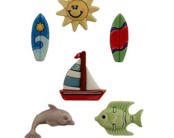 Surf's Up, Fun in the Sun, 3D Collection, Summer Beach Decor, Sewing Embellishment, Surfboards, Sailboat, Sun, Buttons Galore & More, FN109