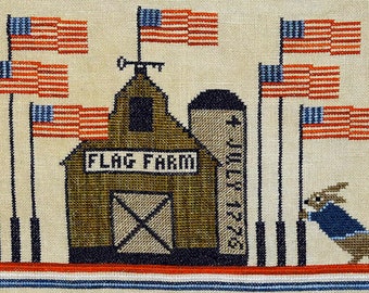 Counted Cross Stitch Pattern, Flag Farm, Patriotic, Independence Day, Flags, Barn, Rabbit, Key, Bicentennial, Artful Offerings, PATTERN ONLY