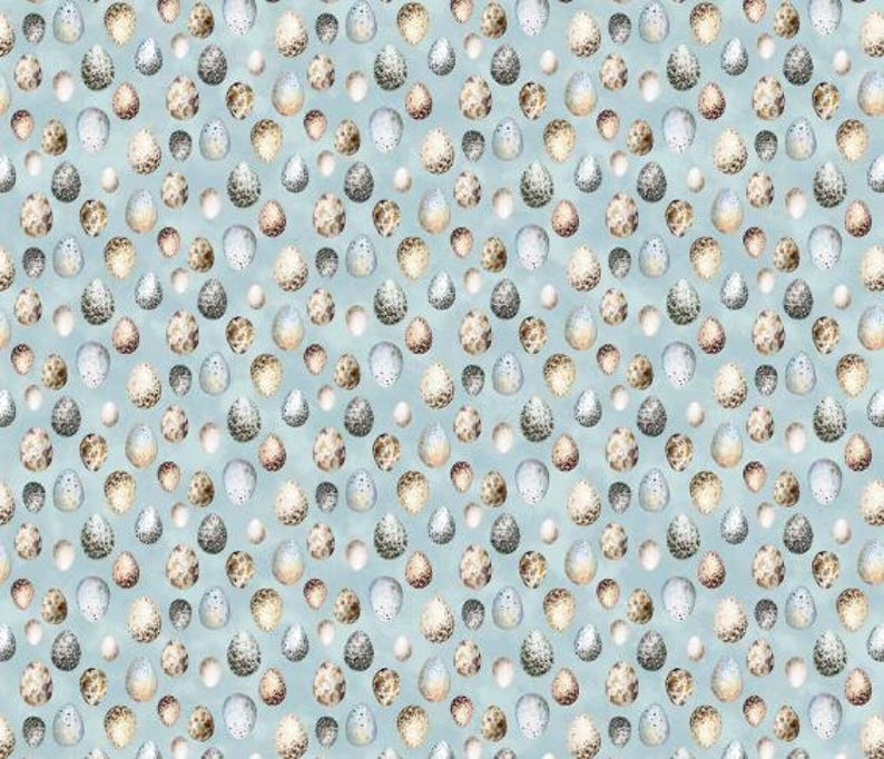 May include: A repeating pattern of speckled eggs in shades of brown, tan, and white arranged on a light blue background. The eggs vary in size and density of their dark brown spots, creating a textured, multi-colored surface design.