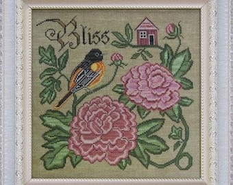 Counted Cross Stitch Pattern, Summer Bliss, Songbird's Garden, Baltimore Oriole, Peonies, Folk Art, Cottage Garden, PATTERN ONLY