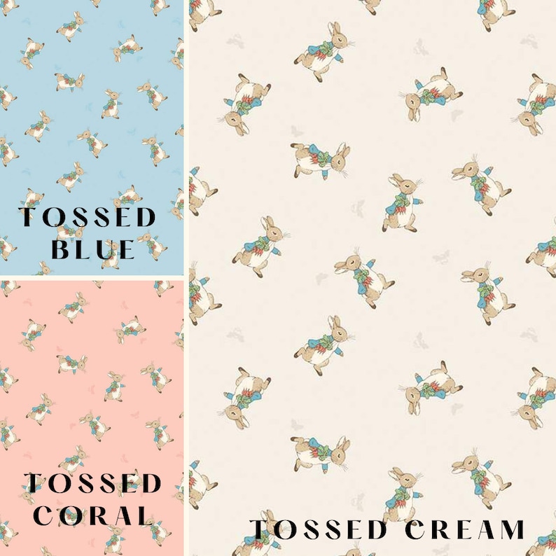 May include: Three fabric swatches featuring a repeating pattern of a bunny in a blue jacket and green scarf. The swatches are in blue, coral, and cream. The text "Tossed Blue", "Tossed Coral", and "Tossed Cream" is printed on the swatches.