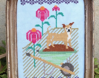 Counted Cross Stitch Pattern, Helping in the Coneflowers, Dogs in the Garden Series, Summer Decor, Lindy Stitches, PATTERN ONLY