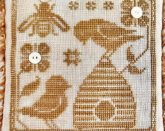 Counted Cross Stitch Pattern, Gathering Honey, Summer Decor, Bee, Birds, Flowers, Beehive, Luminous Fiber Arts, PATTERN ONLY