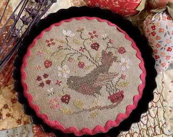 Counted Cross Stitch, Bird & Berry Tart, Country Rustic, Summer Decor, Berries, Bird, Blossoms, Bowl Filler, Blueberry Ridge, PATTERN ONLY
