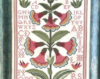 Counted Cross Stitch Pattern, Fraktur Flowers, Alphabet Sampler, Flower Motifs, Red Birds, Pillow, Line Border, Kathy Barrick, PATTERN ONLY