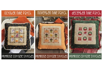 Counted Cross Stitch, Nine Patch Series, October Ghosts, November Pumpkins, December Wreaths, Primrose Cottage Stitches