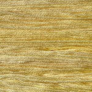 May include: A close-up of a bundle of golden yellow embroidery floss.
