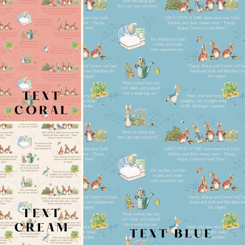 May include: A repeating pattern featuring illustrations of Peter Rabbit and other rabbits, with text excerpts from the story. The background colors are coral, cream, and blue. The design includes scenes of rabbits in various settings, with text from the story.