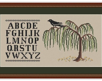 Counted Cross Stitch Pattern, Crow On a Willow Tree, Crow, Willow Tree, Alphabet Sampler,  Happiness is Heart Made, PATTERN ONLY