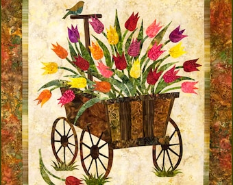 Quilt Pattern, Spring Wagon, Floral Quilt, Raw Edge Applique, Tulips, Wall Hanging, Laundry Basket Quilts, Edyta Sitar, PATTERN ONLY