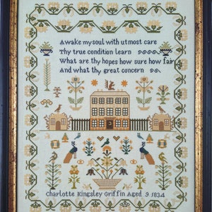 Counted Cross Stitch Pattern, Charlotte Kingsley Griffin 1834, Reproduction Sampler, Peacocks, Mill on the Floss Samplers, PATTERN ONLY