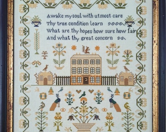 Counted Cross Stitch Pattern, Charlotte Kingsley Griffin 1834, Reproduction Sampler, Peacocks, Mill on the Floss Samplers, PATTERN ONLY