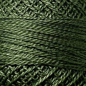 May include: Close-up of a spool of dark olive green embroidery thread. The thread is tightly wound, showing a textured surface with visible woven patterns. The color is consistent throughout, with subtle variations in light and shadow.