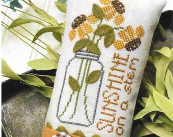 Cross Stitch Pattern, Sunshine on a Stem, Sunflowers, Mason Jar, Wool Applique, Garden Decor, Summer Decor, Hands on Design, PATTERN ONLY