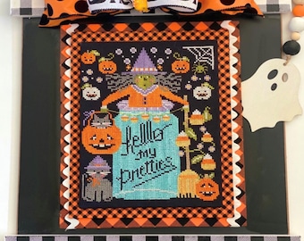 Counted Cross Stitch Pattern, Hello My Pretties, Candy Corn, Pumpkins, Halloween, Witches, Stitching Housewives, PATTERN ONLY