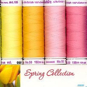 May include: A collection of 10 spools of thread in various pastel colors, including light blue, green, yellow, orange, pink, and purple. The spools are labeled "Spring Collection" and "Mettler".