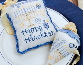 Counted Cross Stitch Pattern, Happy Hanukkah, Pin Pillow, Pin Berry, Hanukkah, Shabby Cottage, Erica Michaels, PATTERN ONLY
