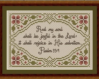 Counted Cross Stitch Pattern, Joyful in the Lord, Psalm 35:9, Religious Sampler, Flower Motifs, Happiness is Heart Made, PATTERN ONLY
