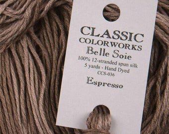 Belle Soie, Espresso, Classic Colorworks, 5 YARD Skein, Hand Dyed Silk, Embroidery Silk, Counted Cross Stitch, Hand Embroidery Thread