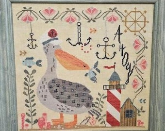 Counted Cross Stitch Pattern, Captain Patchy Pelican, Beach Decor, Pillow, Lighthouse, Summer Decor, Quaint Rose Needlearts, PATTERN ONLY