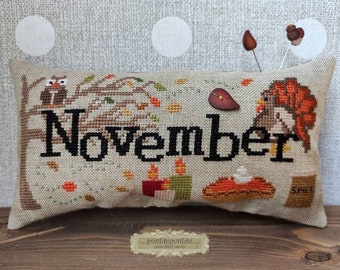 Counted Cross Stitch Pattern, When I Think Of November, Autumn Decor, Pillow Ornament, Turkey, Pie, Leaves, Puntinipuntini, PATTERN ONLY