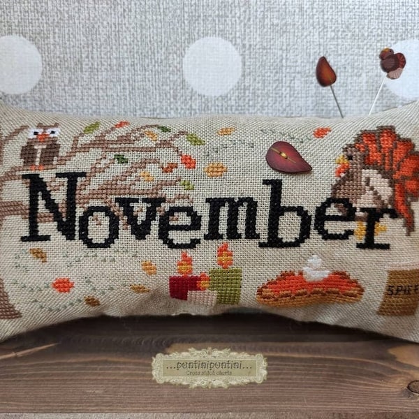 Counted Cross Stitch Pattern, When I Think Of November, Autumn Decor, Pillow Ornament, Turkey, Pie, Leaves, Puntinipuntini, PATTERN ONLY