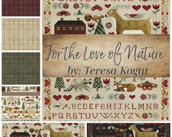 Quilt Fabric, For the Love of Nature, Woodland Animals, Fox, Deer, Rabbit, Evergreens, Moths, Squirrels, Teresa Kogut, Riley Blake