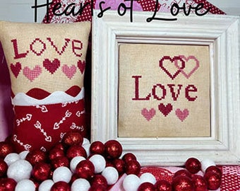 Counted Cross Stitch Pattern, Hearts of Love, Pillow Ornament, Bowl Filler, Valentine's Day Decor, Sugar Maple Designs, PATTERN ONLY