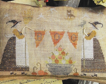 Cross Stitch Pattern, Bobbing for Pumpkins, Halloween Decor, Witch, Jack-O-Lantern, Owl, Primitive Decor, Brenda Gervais, PATTERN ONLY