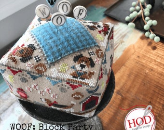 Cross Stitch Pattern, Woof, Block Party, Dogs, Dog Bones, Block Pincushion, Block Party Woof, Pincushion, Hands on Design, PATTERN ONLY