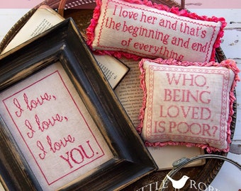 Counted Cross Stitch Pattern, Literary Love Notes II, Pillow Ornaments, Bowl Fillers, Literary Quotes, Little Robin Designs, PATTERN ONLY