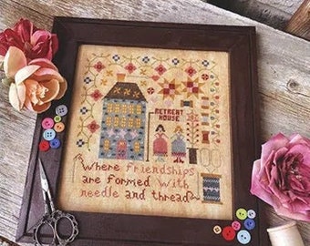 Counted Cross Stitch Pattern, Stitcher's Retreat House, Friendship Sampler, Needle, Thread, Pansy Patch Quilts and Stitchery, PATTERN ONLY