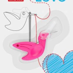 May include: A pink plastic needle threader shaped like a bird with the word "Love" and a heart design above it. The text "Birdy" Needle Threader" and "Enfile-aiguille Colibri" is below the image.