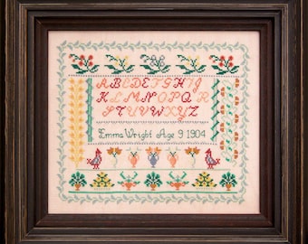 Counted Cross Stitch Pattern, Emma Wright 1904, Reproduction Sampler, Floral Motifs, Primitive Decor, Hands Across the Sea, PATTERN ONLY