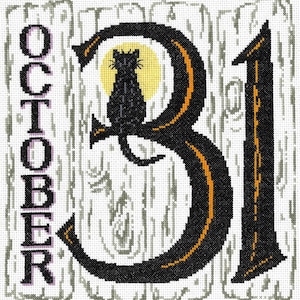 May include: A black cat sits on a branch in front of a yellow moon. The text "OCTOBER 31" is in black with orange outlines.