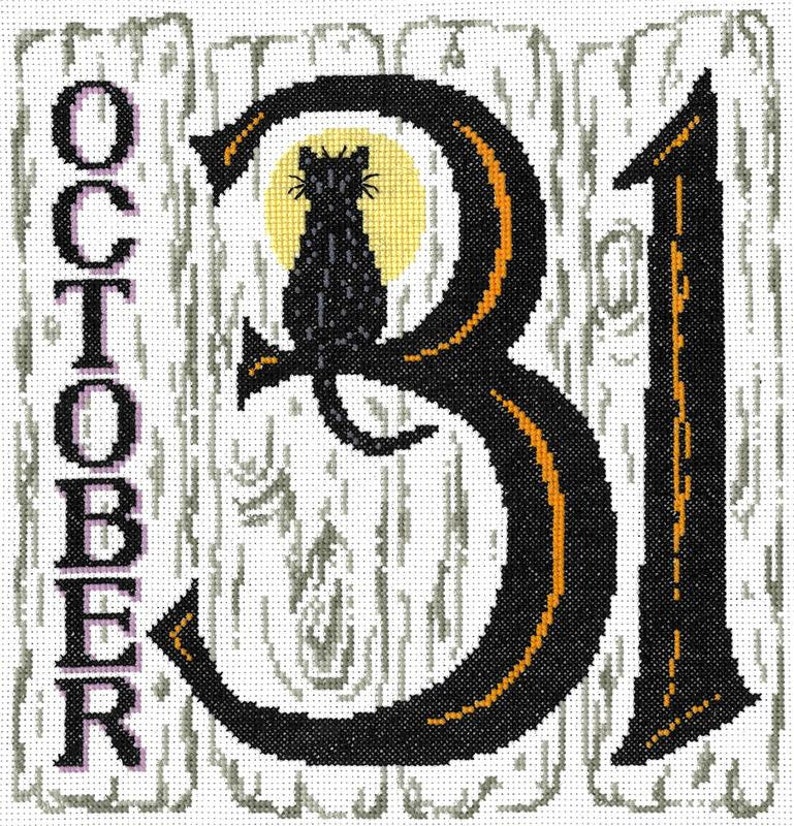 May include: A black cat sits on a branch in front of a yellow moon. The text "OCTOBER 31" is in black with orange outlines.