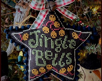 Counted Cross Stitch Pattern, Jingle Bells, Star Ornament, Christmas Decor, Primitive Rustic, Pillow, Teresa Kogut, PATTERN ONLY