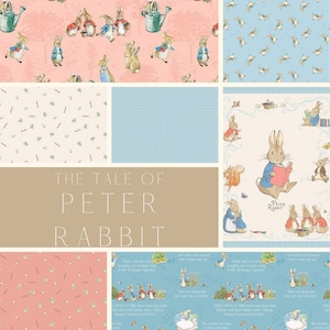 May include: A collection of fabric panels with illustrations from "The Tale of Peter Rabbit." Panels showcase rabbits, carrots, and gingham patterns in pink, blue, and cream. The title "The Tale of Peter Rabbit" is displayed in a central panel.