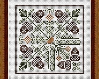 Counted Cross Stitch Pattern, Acorn Corner, German Inspired, Motifs, Pillow Ornament, Bowl Filler, Happiness is Heart Made, PATTERN ONLY