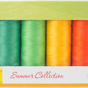 May include: A set of ten spools of thread in various colors, including purple, blue, green, yellow, orange, and red. The spools are labeled "Summer Collection" and "Metzler".