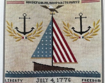 Counted Cross Stitch Pattern, Americana Sailboat Sampler, Patriotic, Independence Day, Eagle, Flag, Anchors, Artful Offerings, PATTERN ONLY