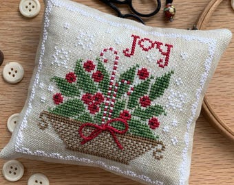 PRE-Order, Counted Cross Stitch Pattern, Holly Basket Pinkeep, Christmas Decor, Pillow, Bowl Filler, Stitches by Ethel, PATTERN ONLY