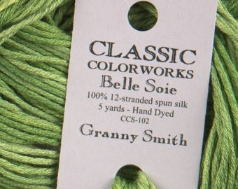 Belle Soie, Granny Smith, Classic Colorworks, 5 YARD Skein, Hand Dyed Silk, Embroidery Silk, Counted Cross Stitch, Hand Embroidery Thread
