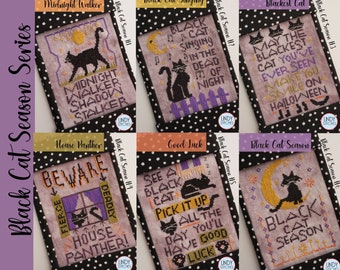 Counted Cross Stitch Pattern, Black Cat Season, Halloween Decor, Banner, Pillow Ornaments, Bowl Fillers, Lindy Stitches, PATTERN ONLY