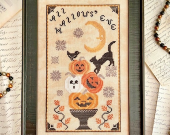 Counted Cross Stitch Pattern, All Hallows' Eve, Halloween Decor, Autumn Decor, Pumpkins, Crow, Luminous Fiber Arts, PATTERN ONLY