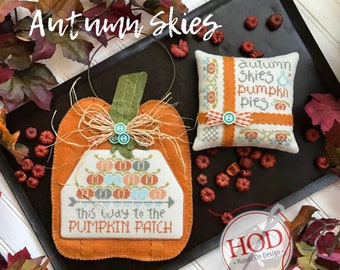 Cross Stitch Pattern, Autumn Skies, Fall Decor, Autumn Decor, Pumpkins, Primitive Pillow Ornament, Hands on Design, PATTERN ONLY